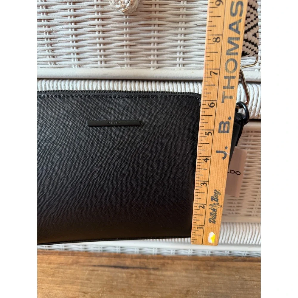 Aldo Black Saffiano Crossbody Bag with Woven Geometric Guitar Strap NEW